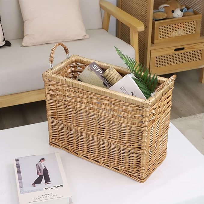 YAHUAN Natural Wicker Storage Basket with Built-in Handles Stair Basket Magazine Basket Large Wicker Baskets for storage Home Organizing Laundry (Wicker)