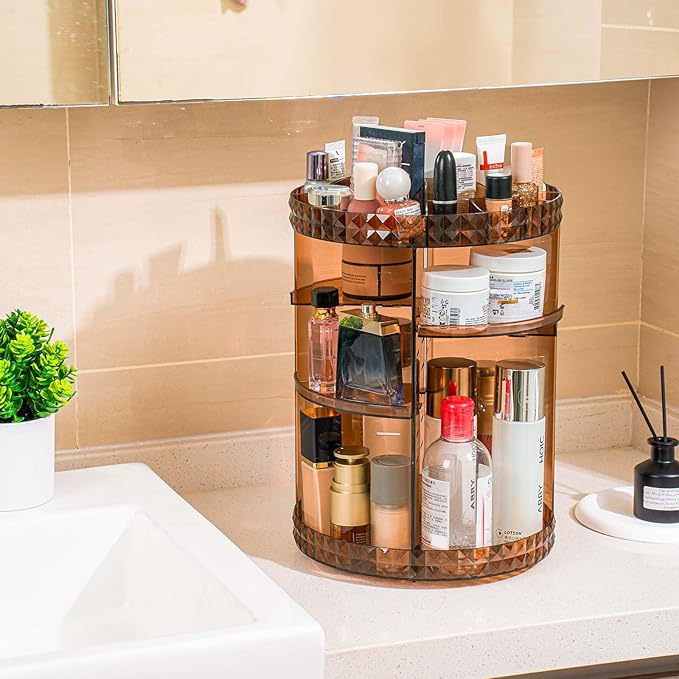 V-HANVER 360 Rotating Makeup Organizer Perfume Organizer Coffee Color Cosmetic Storage Display Case Large Capacity Beauty Holder Adjustable Partition Height for Bedroom Dresser or Bathroom Vanity