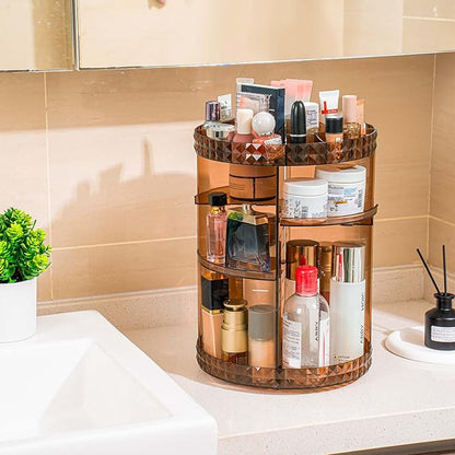 V-HANVER 360 Rotating Makeup Organizer Perfume Organizer Coffee Color Cosmetic Storage Display Case Large Capacity Beauty Holder Adjustable Partition Height for Bedroom Dresser or Bathroom Vanity