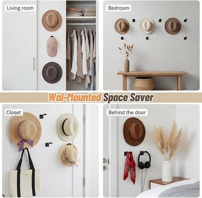 20 Pack Hat Hooks for Wall, 2.8‘’ Strong Adhesive Cowboy Hat Rack with Anti-Slip Teeth, Suitable Sun Hats, Fedora, Wide Brim Hats Organizer for Baseball Caps, Western Room Decor, Black