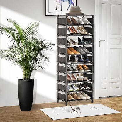 Shoe Rack - 10 Tiers Shoe Organizer with Detachable Fabric Shelves & Metal Frame, Up to 20-25 Pairs Narrow Tall Shoe Rack for Closet, Entryway, 17.7" x 11.0" x 63"