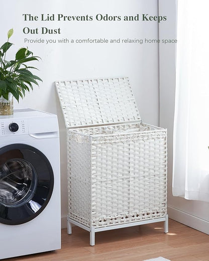SETVSON Laundry Hamper with Lid,112 L Handwoven Rattan Wicker Laundry Basket, 2 Removable Liner Bags Metal Heightened Feet,6 Mesh Bags,2 Section Large Clothes Hamper for Bathroom Bedroom, Cloud White