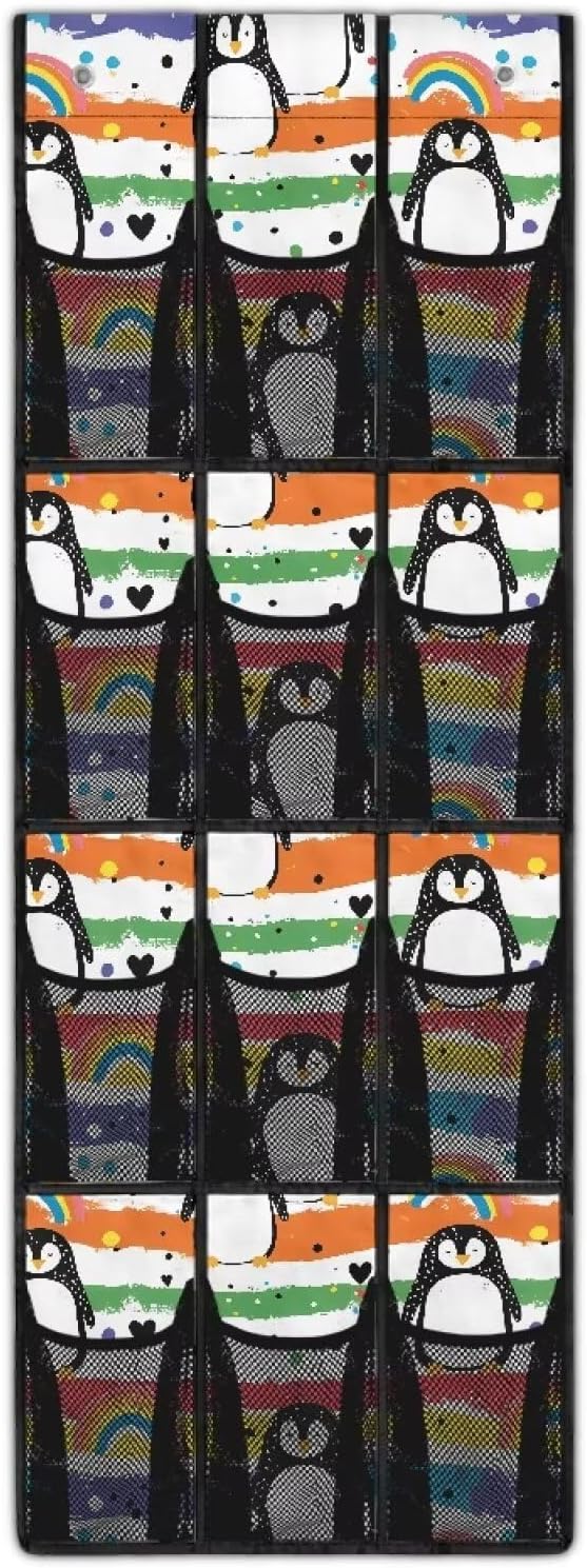 Cute Penguin Door Hanger Organizer Bathroom 12 Pockets Wall Hanging Storage Easy to Install Over The Door Shoe Organizer for Living Room Mesh Fabric Shoe Holder Hanger