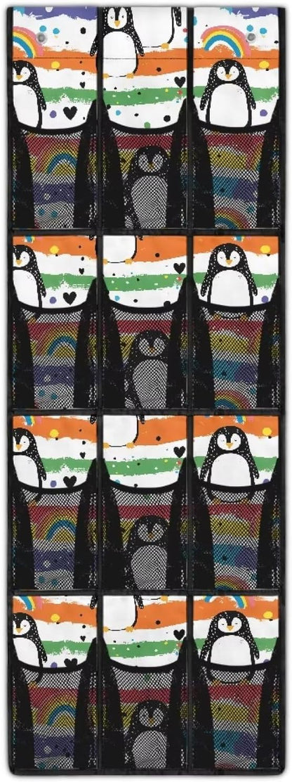Cute Penguin Door Hanger Organizer Bathroom 12 Pockets Wall Hanging Storage Easy to Install Over The Door Shoe Organizer for Living Room Mesh Fabric Shoe Holder Hanger