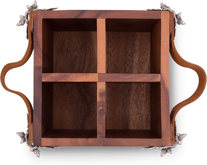 Vagabond House Caddy Square Acacia Wood Flatware/Serve ware/Utensil/Carry-All Holder with Solid Pewter Acorn & Oak Leaf Accent and Real Leather Handles, 4 Compartments 8 inch x 7 inch