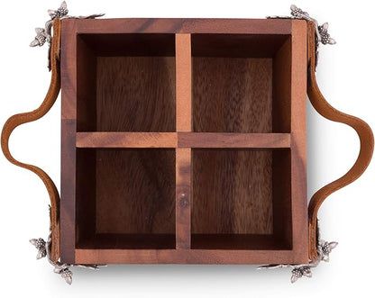 Vagabond House Caddy Square Acacia Wood Flatware/Serve ware/Utensil/Carry-All Holder with Solid Pewter Acorn & Oak Leaf Accent and Real Leather Handles, 4 Compartments 8 inch x 7 inch