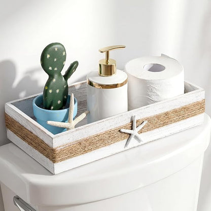 Novabright Beach Toilet Tank Basket Rustic Bathroom Decor Box Farmhouse Wood Bathroom Paper Holder Basket Starfish Decor Top of Toilet Organizer Storage for Coastal Bath Tank Topper Counter Decoration