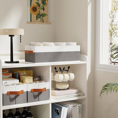 5 Pack Collapsible Storage Baskets, Fabric Foldable Storage Cubes for Organizing, Clothes Organizer Boxes with Handles, White and Gray, 15 x 6 x 5 Inch
