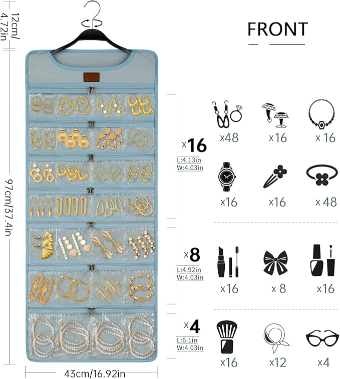 SMRITI Hanging Jewelry Organizer with Dual Zippered Pockets Canvas Double Sided Rotating Hanger Necklace Hanging Wall Organizer Earring Dustproof Holder Wall Mount Accessories Display Bag(Light Blue)