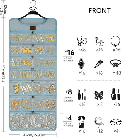 SMRITI Hanging Jewelry Organizer with Dual Zippered Pockets Canvas Double Sided Rotating Hanger Necklace Hanging Wall Organizer Earring Dustproof Holder Wall Mount Accessories Display Bag(Light Blue)