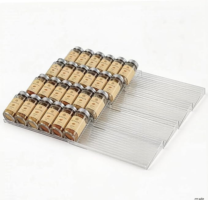 UFORU Acrylic Spice Drawer Organizer 4 Tier(8 Packs),Expandable from 11" to 22" Seasoning Organizer Tray for Kitchen - Clear Tiered Spice Rack for Drawer, No Assembly Required(Jars Not Included)