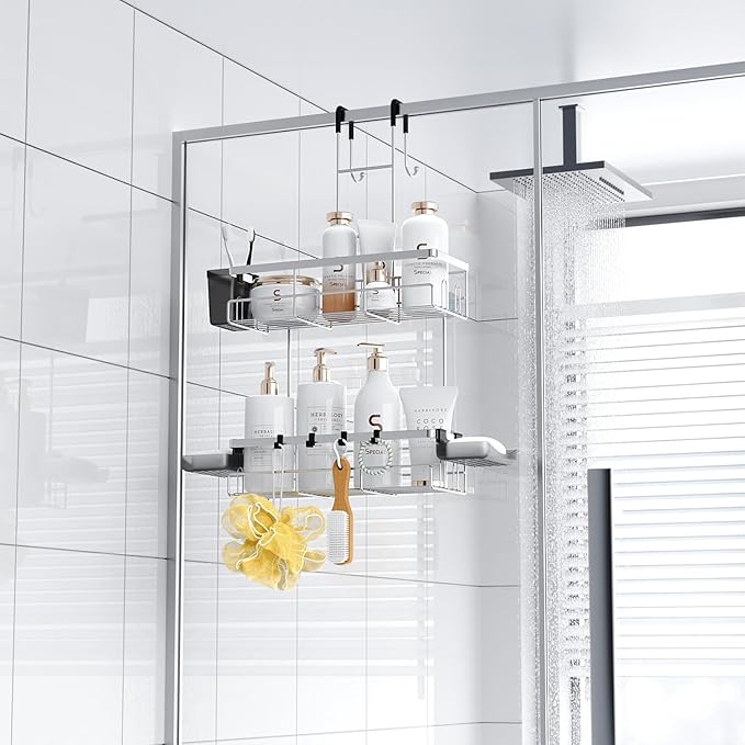Aitatty Over the Door Hanging Shower Caddy: Rustproof Hanging Organizer over the Door - No Drilling Bathroom Rack for Inside Shower Chrome