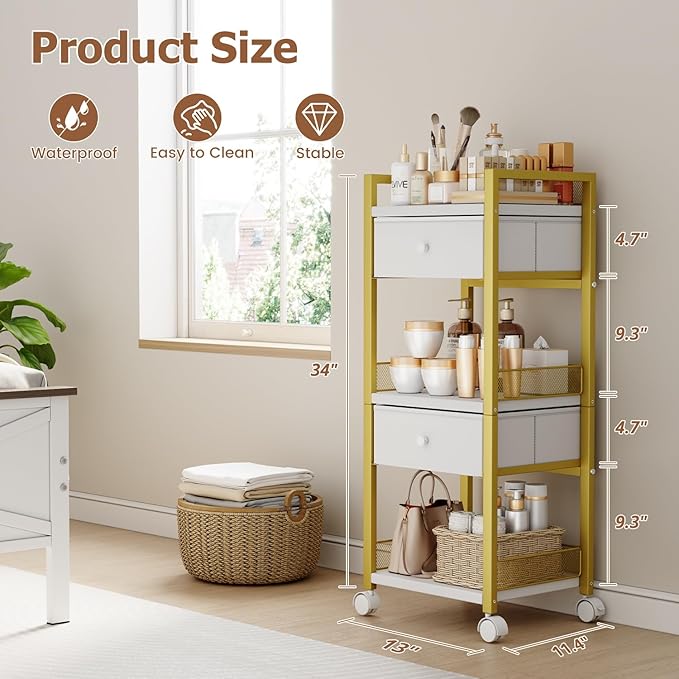 Flycity Makeup Organizer Cart with Drawers, 5 Tiers Rolling Makeup Cart, Floor Skincare Organizers, Vanity Organizer Storage with Wheels Cosmetic Display Cases for Skin Care Perfume Nail Polish, Gold