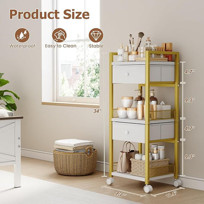 Flycity Makeup Organizer Cart with Drawers, 5 Tiers Rolling Makeup Cart, Floor Skincare Organizers, Vanity Organizer Storage with Wheels Cosmetic Display Cases for Skin Care Perfume Nail Polish, Gold