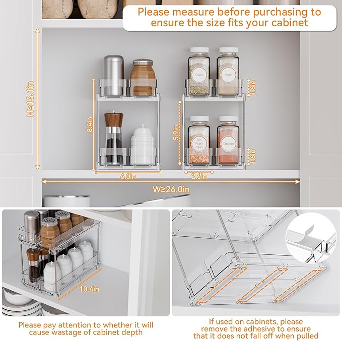 Yieach 2 Tier Sliding Spice Racks for Cabinets,2 Pack 10.4'' Deep Narrow Vertical Spice Rack Pull Out for Inside Cabinets,Kitchen,Pantry,Cupboard Seasoning,Jar Organizer and Medicine Cabinet Storage