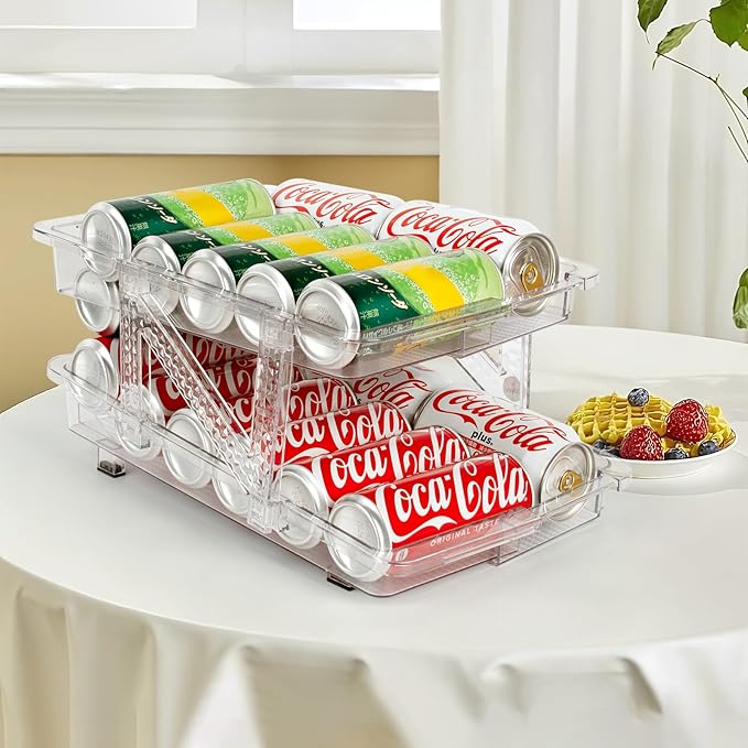 CECOLIC 2 Pack Drink Organizer for Refrigerator, Soda Can Dispenser, Adjustable Width Canned Food Pop Cans Container Beverage Holder for Fridge Organizing, Clear Plastic Storage Bins