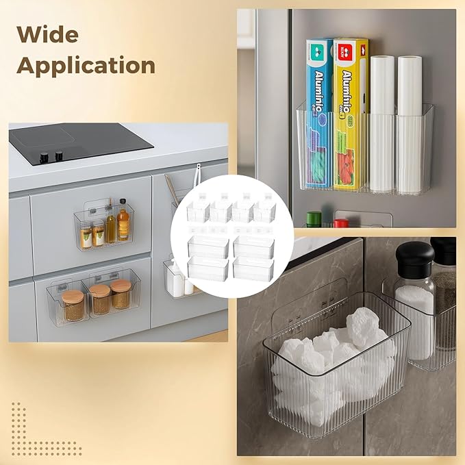 8 PCS Cabinet Door Organizer Bins, Clear Plastic Hanging Storage Baskets with Adhesive Hooks, Wall Mount for Bathroom, Fridge, Kitchen, Pantry, Under Sink, Drawer Storage, with Drain Holes