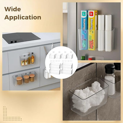 8 PCS Cabinet Door Organizer Bins, Clear Plastic Hanging Storage Baskets with Adhesive Hooks, Wall Mount for Bathroom, Fridge, Kitchen, Pantry, Under Sink, Drawer Storage, with Drain Holes