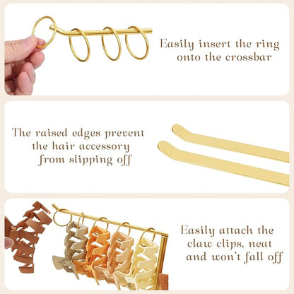 Metal Headband Holder Organizer, 2-Tier Headband Storage with Tray, Hairband Display Stand with 10 Golden Rings, Hair Accessories Claw Clip Organizer for Women and Girls