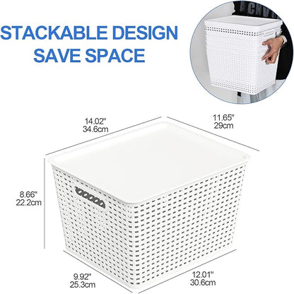 6-Pack Large Plastic Storage Baskets with Lid, Lidded Storage Organizer Bins, White