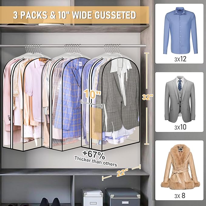 MISSLO 32" All Clear Garment Bags for Hanging Clothes 10" Gusseted Suit Bags for Closet Storage Suit Cover Hanging Clothes Storage for Shirts, Coats, 3 Packs