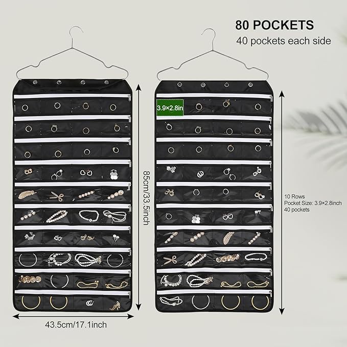 Hanging Jewelry Organizer Storage Roll 80 Zippered Pockets with Detachable Hanger Double-Sided Foldable, Travel Jewelry Holder for Earrings, Rings, Bracelets, Hanging on Closet, Wall, Door, Black