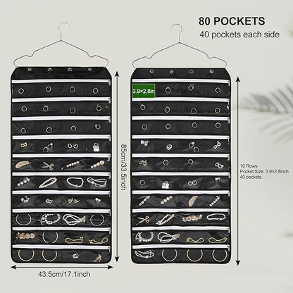 Hanging Jewelry Organizer Storage Roll 80 Zippered Pockets with Detachable Hanger Double-Sided Foldable, Travel Jewelry Holder for Earrings, Rings, Bracelets, Hanging on Closet, Wall, Door, Black