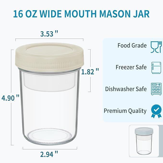 Xyptorix 16 oz Overnight Oats Containers with Airtight Lids - 2-Pack Leak-Proof Wide Mouth Mason Jars & Divided Cups for Dried and Wet Foods, Glass Jars for Chia Pudding, Salad, Snacks, and Yogurt