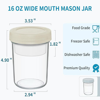 Xyptorix 16 oz Overnight Oats Containers with Airtight Lids - 2-Pack Leak-Proof Wide Mouth Mason Jars & Divided Cups for Dried and Wet Foods, Glass Jars for Chia Pudding, Salad, Snacks, and Yogurt