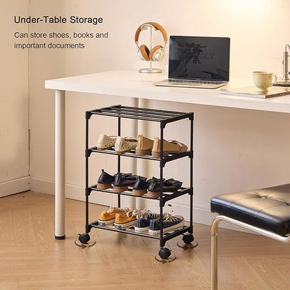 5-Tier Small Shoe Rack with Wheels, Slide-Out Metal Shoe Racks Storage, Anti-Rust Coating, Stackable Design - 16.9W for Entryway, Kitchen, Living Room & Office - Black