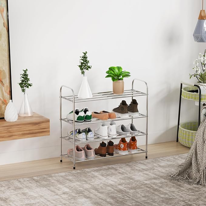 4 Tier Expandable Shoe Rack for Closet, Stainless Steel Shoe Shelf, Strong Weight Capacity Shoes Organizer, Easy to Install and Saving Space Standing Shelf with Sturdy Frame(4 Tier)