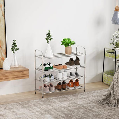 4 Tier Expandable Shoe Rack for Closet, Stainless Steel Shoe Shelf, Strong Weight Capacity Shoes Organizer, Easy to Install and Saving Space Standing Shelf with Sturdy Frame(4 Tier)