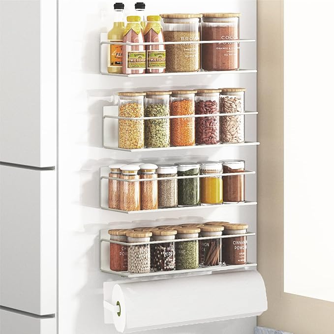 Magnetic Spice Rack For Refrigerator, Space Saving Magnetic Shelf For Fridge White 4 Pack With Magnetic Paper Towel Holder