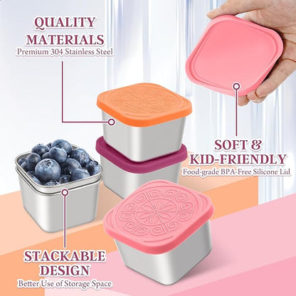 Qukaka Stainless Steel Snack Containers for Kids,7.2oz Easy Open Leak Proof Reusable Snack Box Container with Lids,Small Lunch Containers for Meal Prep,School,Picnic and Travel-3Pack