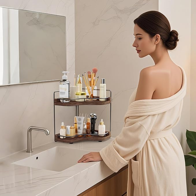 2-Tier Corner Bathroom Counter Organizer with Embedded Screw Holes, Secure & Stable Wood Vanity Shelf for Makeup and Skincare Essentials - Space Saving Bathroom Countertop Storage, Dark Brown