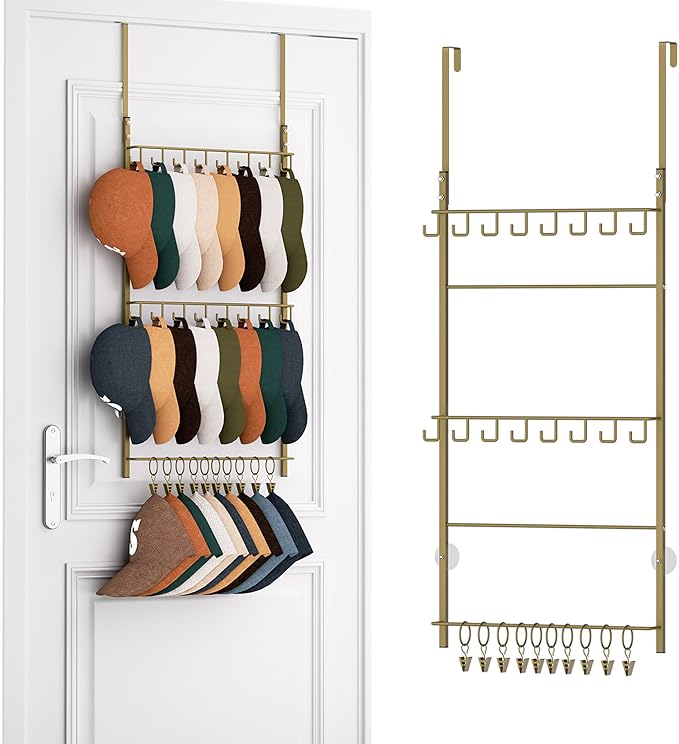 HapiRm Over Door Hat Rack - 3 Tier Wall Mounted Hat Organizer with 16 Hooks and 10 Movable Clips, Baseball Cap Organizer Storage Holds up to 26 Caps for Door, Bedroom, Closet USPTO Patent Pending