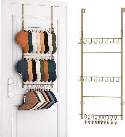 HapiRm Over Door Hat Rack - 3 Tier Wall Mounted Hat Organizer with 16 Hooks and 10 Movable Clips, Baseball Cap Organizer Storage Holds up to 26 Caps for Door, Bedroom, Closet USPTO Patent Pending