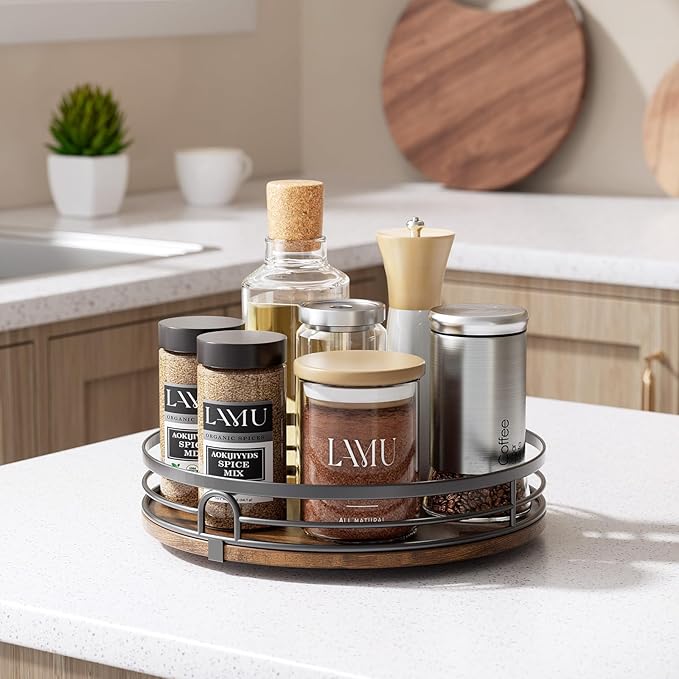 LAMU 2 Pack 9'' 10'' Lazy Susan Turntable Organizer for Cabinet, Round Wood Lazy Susan for Table Top, Countertop, Pantry, Spice, Bathroom Vanity, Coffee, Decor