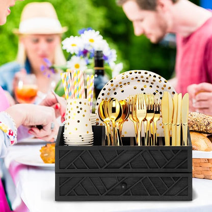 Marsui Paper Plate Dispenser, Wood Rustic Paper Plate Holder for Countertop with Drawer Silverware Utensil Caddy, Cutlery Flatware Organizer for Spoon Fork Napkins Kitchen Parties(Black)