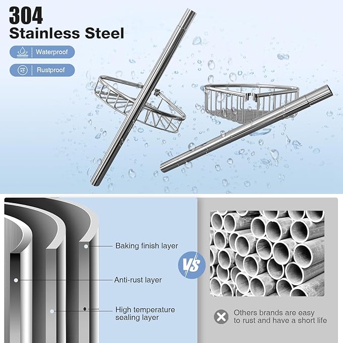 Corner Shower Caddy Tension Pole: Stainless Steel Rustproof 4-Tier Shower Organizer - 47-121 inch Adjustable Bathroom Shelves for Bathtub Shampoo Storage - Tension Rod Floor Standing Bath Rack