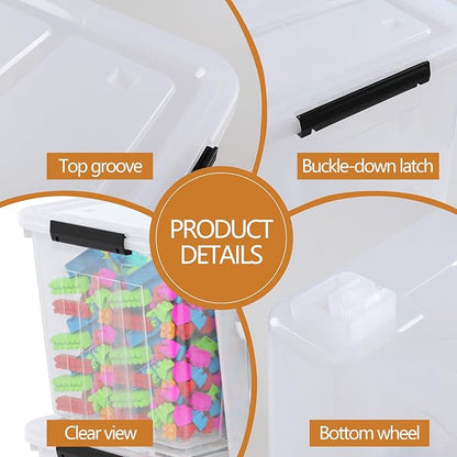 70 Quart Large Plastic Storage Boxes with Wheels, Clear Latching Box, 4 Packs