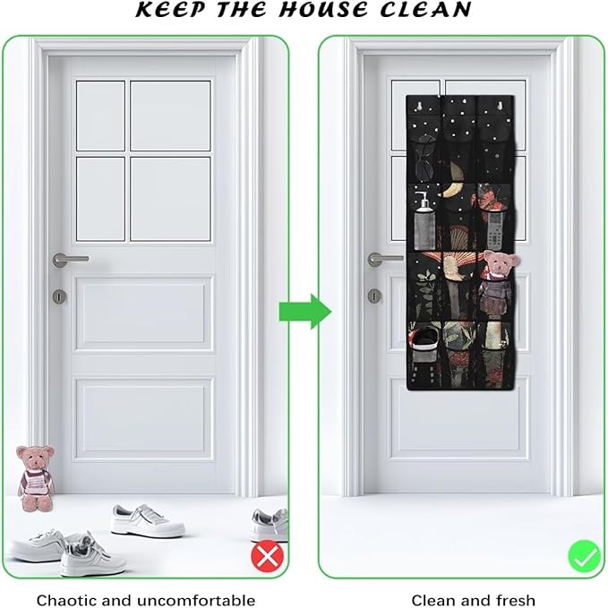 Mushrooms Over the Door Organizer with 12 Mesh Pockets - Breathable Design for Bath Towels, Toiletries, Makeup (Waterproof Lining)