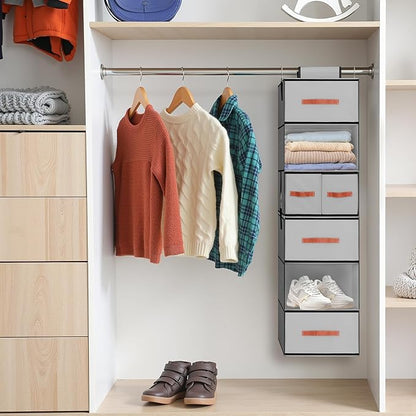 Hanging Closet Organizer 6-Shelf, Upgrade Closet Organizers and Storage with 5 Removable Drawers & 4 Side Pockets, Hanging Shelf Organizer for Bedroom or Garment Rack, 12.6'' x 12.6'' x 44.1'', Gray