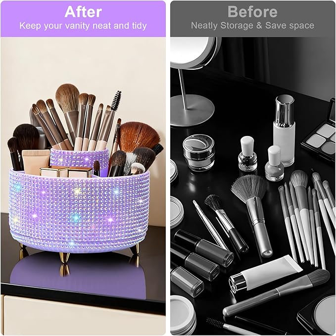 Diesisa Bling Makeup Organizer: 360°Rotating Bling Rhinestone Cosmetic Display Cases -Diamond Makeup Brush Holder - 5 Slot Cup for Cosmetics - Bling Lipstick Organizer - Gift for Women -Diamond Purple