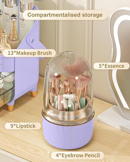 Anylady Makeup Brush Holder 360 Rotating, [Upgrade & with Cover] Makeup Brush Organizer for Vanity Countertop Bathroom (Purple)