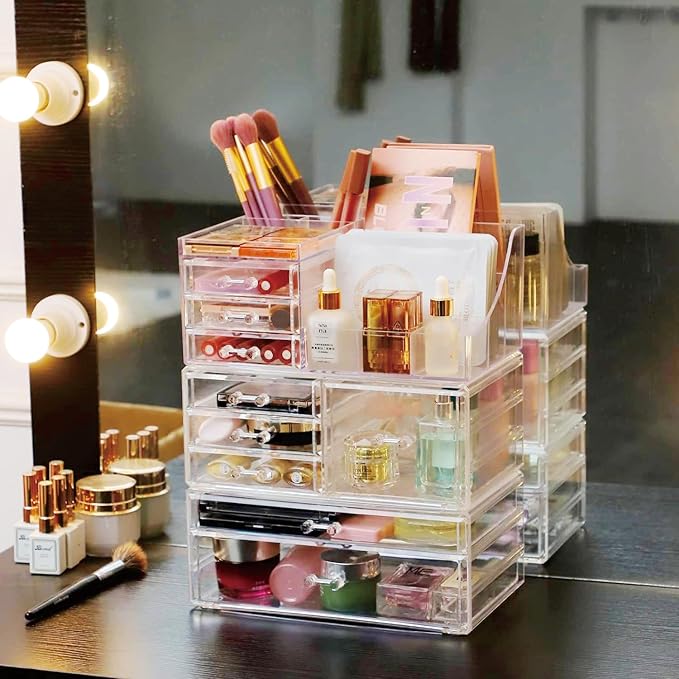 Cq acrylic Makeup Organizer With 9 Drawers,Large Capacity Countertop Organizer for Vanity,Bathroom and Bedroom Desk Cosmetics Organizer for Skin Care,Brushes, Eyeshadow, Lotions, Lipstick, Nail Polish