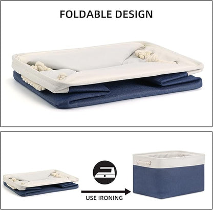 Bidtakay Storage Baskets Collapsible [3-Pack] Decorative Storage Bins with Cotton Rope Handles 15 X 11 X 9.5 Inch Organizing Baskets for Shelves Clothes Closet Navy Blue Baskets for Gifts Empty