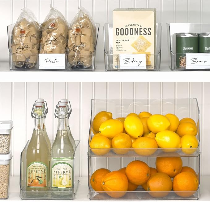 mDesign Wide Stackable Plastic Food Storage Organizer Bin Basket with Open Front for Household Kitchen Cabinets, Pantry, Offices, Closets, Bedrooms, Bathrooms - 10.2" Wide, 2 Pack - Clear