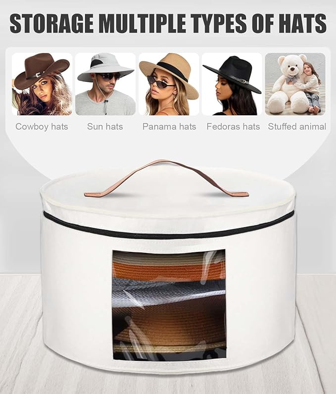Hat Box, Travel Hat Storage Box, Foldable Space-saving Hats Boxes Organizer for Men & Women Storage, Stackable Hats Carrier Case for Round Brim, Cowboy, Panama, Tweed Caps - White