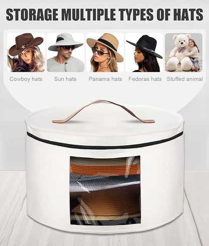 Hat Box, Travel Hat Storage Box, Foldable Space-saving Hats Boxes Organizer for Men & Women Storage, Stackable Hats Carrier Case for Round Brim, Cowboy, Panama, Tweed Caps - White